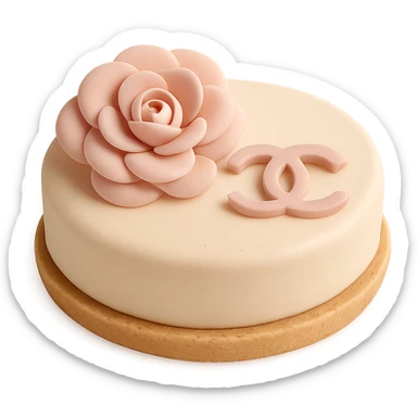 pastel fondant cake art style Chanel tart topped with a pink camellia flower and logo sticker