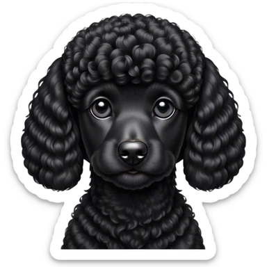 Cinematic Noble Black Poodle Portrait Emoji, Poised and regal, with a refined, elegant build and a meticulously groomed, curly jet-black Fur, deep-set soulful dark eyes, Simplified yet sharp and sophisticated features, highly detailed, glowing with a soft, dignified glow, high shine, intelligent and graceful, stylized with an air of sophistication, focused and attentive, soft glowing outline, capturing the essence of a watchful and confident companion, so majestic it feels as though it could prance out of the screen with effortless authority! sticker
