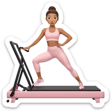 Mixed-race athletic woman with caramel skin, wearing pastel pink sports bra and leggings, doing Pilates on a reformer machine sticker