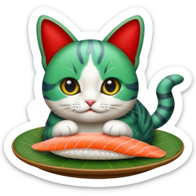 emoji di un gatto che tiene del sushi in mano, è verde con gli occhi azzurri ed un papillon rosso sticker