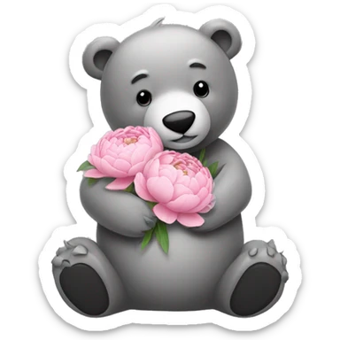 realistic-happy-grey-bear-hugging-peony sticker