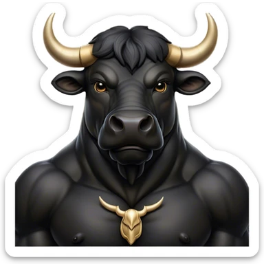 Cinematic Noble Black Bull Portrait Emoji, Poised and regal, with a massive, muscular build and a sleek, well-groomed pure black hide, deep-set soulful dark eyes, Simplified yet sharp and sophisticated features, highly detailed, glowing with a soft, dignified glow, high shine, intelligent and formidable, stylized with an air of strength, focused and attentive, soft glowing outline, capturing the essence of a watchful and confident guardian, so majestic it feels as though it could charge out of the screen with effortless authority! sticker