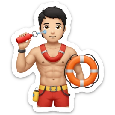 Shirtless Dark Tan Muscular lifeguard with messy black hair with whistle hand, life preserver sticker