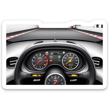 An icon showing a racing game interface, inspired by Grand Turismo. The design features a garage with a selection of high-performance cars, along with race track visuals in the background. Speedometer, lap timer, and other HUD elements add to the excitement. Transparent background sticker
