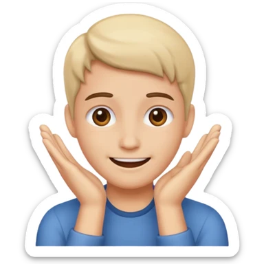 A person with their face in their hands and happy sticker