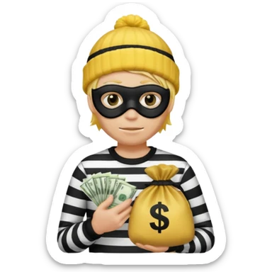 A yellow guy with a black beanie white black striped shirt a black mask for it's eyes and holding a money bag with yellow hair sticker