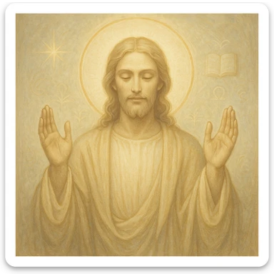 Christ Guardian of Mind, serene radiant figure with gentle halo, hands raised in gesture of protection, surrounded by soft light and subtle symbols of wisdom, spiritual and uplifting style sticker