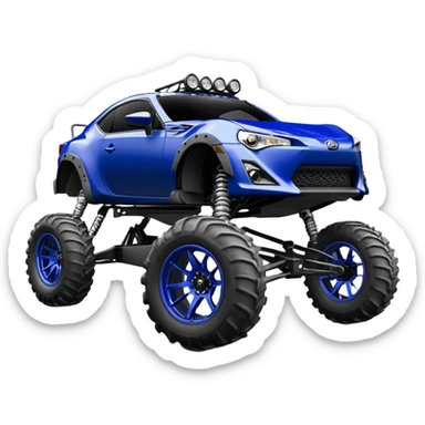 LCG Armored Dirty raced redneck jacked 2013 scion fr-s ultramarine off road 4wd monster truck style Baja dessert stadium rock racer number 86 with sophisticated long travel swing arm suspension, shiny silver wheels, exaggerated wide black fender flares and trailer  sticker