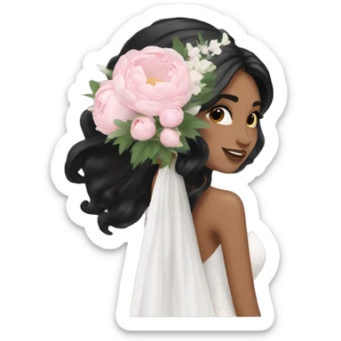  bride with long black hair and with white and pink peonies bouquet in hand  sticker