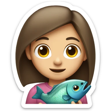 A girl with straight brown hair holds a fish in her arms sticker