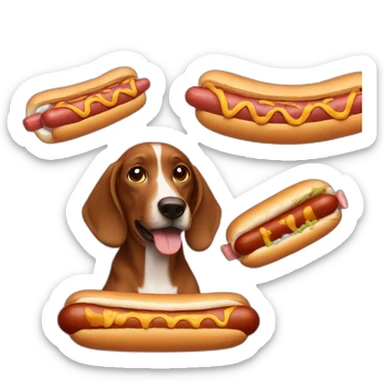 brown dog with white spots eating big hot dog sticker