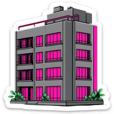 Soviet-era concrete panel apartment building with bright neon pink glow from a window where plants are growing sticker