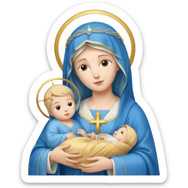 Virgin Mary in blue with gold halo holding baby Jesus sticker