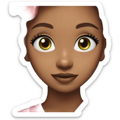 girl with brown hair and green eyes wearing a pink bow in her hair and she is smiling, she has white glitter eyeshadow sticker