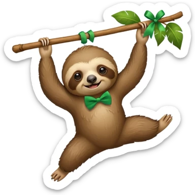 cute swinging Sloth on stick, green bow tie sticker