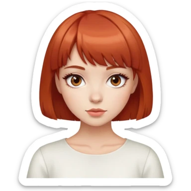 chica con cabello corto y flequillo rojo, ojos café, top blanco y maquillaje suave cute sticker