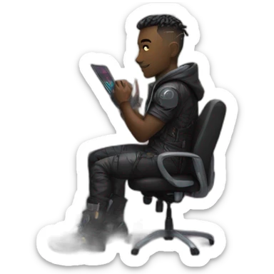 a male is working at his cyberpunk room sticker