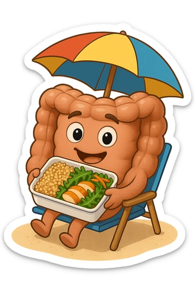 EMOJI STILE IPHONE DI INTESTINO IN SPIAGGIA SU UNA SPIAGGINA SOTTO L'OMBRELLONE CON IN MANO UNA SCHISCETTA DI Insalata di quinoa e pollo con rucola e carote, iperrealistica 4k sticker