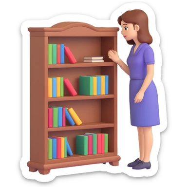 a sad woman looking at a small bookcase sticker