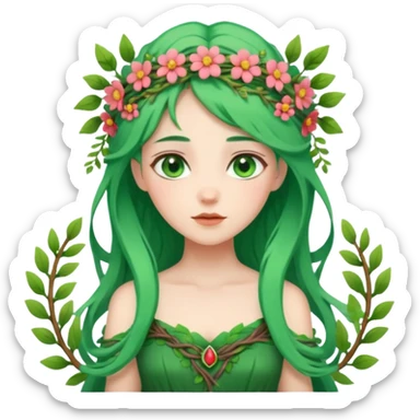 A forest princess with green hair, green eyes, wearing a wreath of flowers and branches sticker