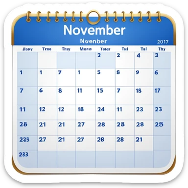 generate a calender page with november 22 written on it, an ios styled icon , background free , blue and gold and white colors sticker