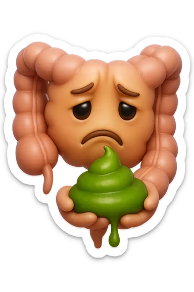 emoji stile iphone 3d di un intestino con espressione triste con cacca verde e liquida in mano , iperrealistiche 4k sticker