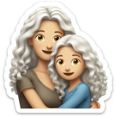 mum with straight long White hair and daughter with long curly hair hugging sticker