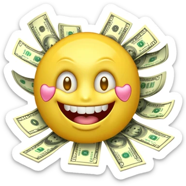 3D glossy emoji sticker, dollar-sign eyes, huge toothy grin, mouth stuffed with US dollar bills spilling out, floating banknotes, centered, transparent background sticker