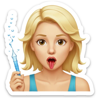 blond woman biting a skin-tone stick, water jet shooting from the stick into her mouth, surprised look sticker