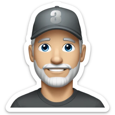 Handsome blue eyed man, with grey hair, and grey goatee beard, wearing ball cap and holding a black long hair chihuahua  sticker