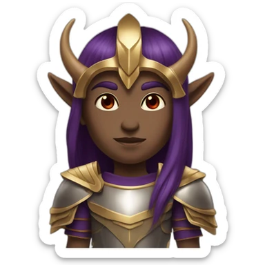Humanoid with purple skin color, red eyes, pointed ears and Oni horns, has long straight brown hair, and wears royal Roman armor in gold sticker
