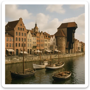 photorealistic port with historic buildings, old-world charm sticker