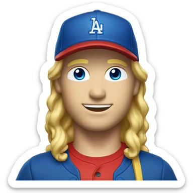 blonde wavy hair man with blue eyes and red t-shirt and sideways baseball cap full body sticker