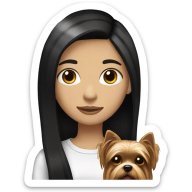 teenage white girl with black straight hair holding a yorkie dog sticker