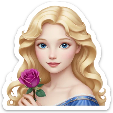 Cinematic Realistic Sleeping Beauty (Aurora) Portrait, with porcelain-like skin featuring a natural rosy flush, illuminated by soft lighting that highlights the gentle contours of her face. Her golden blonde hair flows in soft, detailed waves with subtle highlights that shimmer in the light. Her deep violet-blue eyes radiate warmth and innocence, framed by arched brows and long lashes. With a soft, serene smile, she holds a delicate rose gently in one hand, her other hand resting lightly by her side. She is dressed in her classic pink gown, the fabric rich in texture with delicate folds that catch the light. A golden crown rests atop her head, gleaming with royal refinement. The portrait captures a soft, glowing aura, blending realism with an ethereal sense of beauty and timeless enchantment. sticker