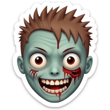 zombie boy with brown short spiky hair, white skin, and white eyes; an open smile, and bloodied teeth; sticker