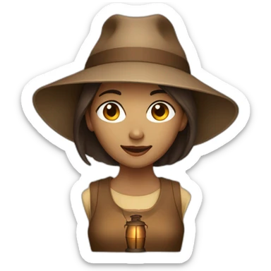 Woman wearing brown clothes and a hat with a lantern sticker
