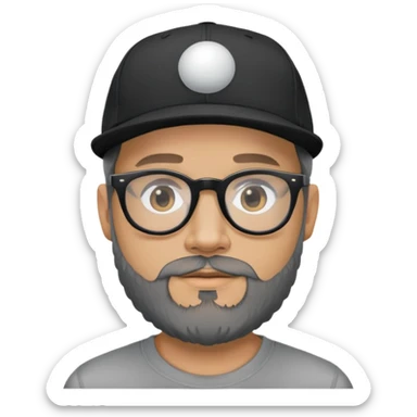 A light skin man with a beard that has grey in the chin. He is wearing wayfair glasses and a black ball cap sticker