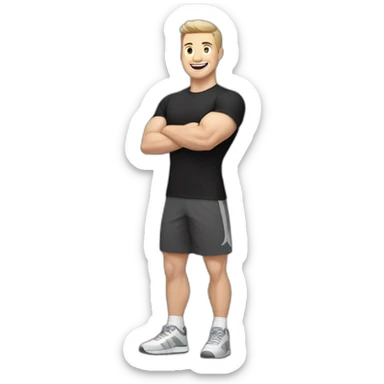 Joyful Celebrating victory Pale skinned Fit Man With the biceps and dark brown hair in black shirt, gray sports shorts and white Sneakers sticker