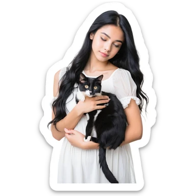 Beautiful girl with long black hair hugs a gray and blond mixed breed cat sticker