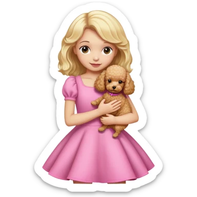 blonde girl light skin wearing a pink dress hugs her toy poodle sticker
