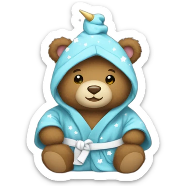 A brown teddy bear wearing a unicorn hooded blue bathrobe with white stars sticker