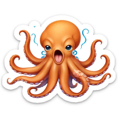 Cinematic Cute Yawning Octopus Portrait Emoji, Head tilted slightly with a dramatic, wide-open yawn, showcasing a plump, light orange body decorated with delicate blue rings and loosely draped arms with sleepy, half-closed eyes, Simplified yet irresistibly adorable features, highly detailed, glowing with a soft, cozy underwater glow, high shine, relaxed yet expressive, stylized with a hint of whimsical aquatic charm, soft glowing outline, capturing the essence of a drowsy yet affectionate octopus that appears ready to stretch and yawn its way out of the screen! sticker