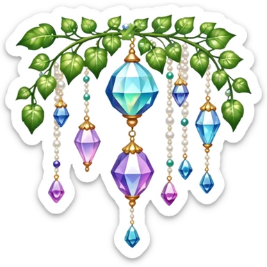 Exotic romantic Few cute tiny Iridescent glistening glossy sparkly shiny glittery hanging crystals pearls and beads and gemstones scenery scenic decorations with ivy and flowers sticker