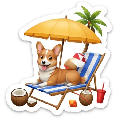 a corgi dog laied on a beach chair, a sunny beach, a sun umbrella, and beach coconut trees. the icon should capture the essence of a relaxing beach vacation with a carefree atmosphere sticker