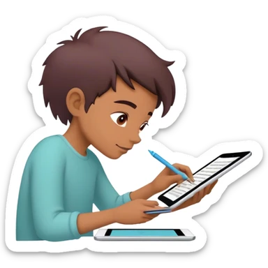 Create an emoji representing fanfiction writing. The design should feature a digital device tablet with visible text, symbolizing the creative process of writing fanfiction. Add a subtle reference to popular fictional characters or universes to indicate the fan aspect. Use a playful, imaginative color palette, blending vibrant tones with soft neutrals. Do not include any emojis or smiley faces. Make the background transparent. sticker