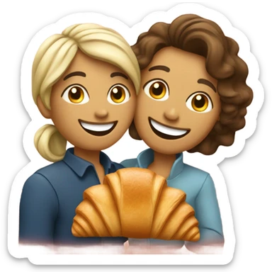 a happy woman and a man are friends and holding a croissant sticker