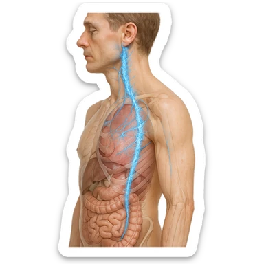 realistic human body with vagus nerve highlighted, right lateral view, anatomical details, vagus nerve path clearly visible, blue ice and crystal effect along the nerve, transparency on internal organs, white background sticker