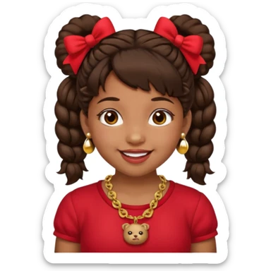 Brownskin girl dark brown hair fluffy. pigtails with red bows brown eyes smiling closed mouth red shirt gold esrrings gold necklace sticker