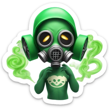 An emoji of a small Cupid wearing a gas mask, looking shocked with a green smell wave in the background. sticker